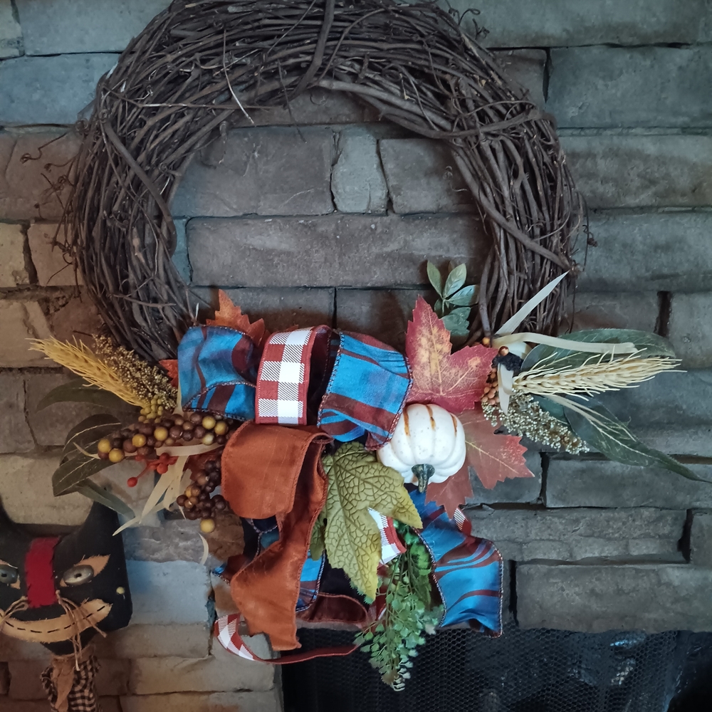 Rustic Autumn Wreath with Blue and Orange Ribbons
